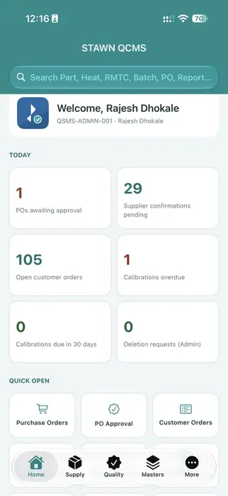 STAWN QCMS mobile app home screen with KPI tiles